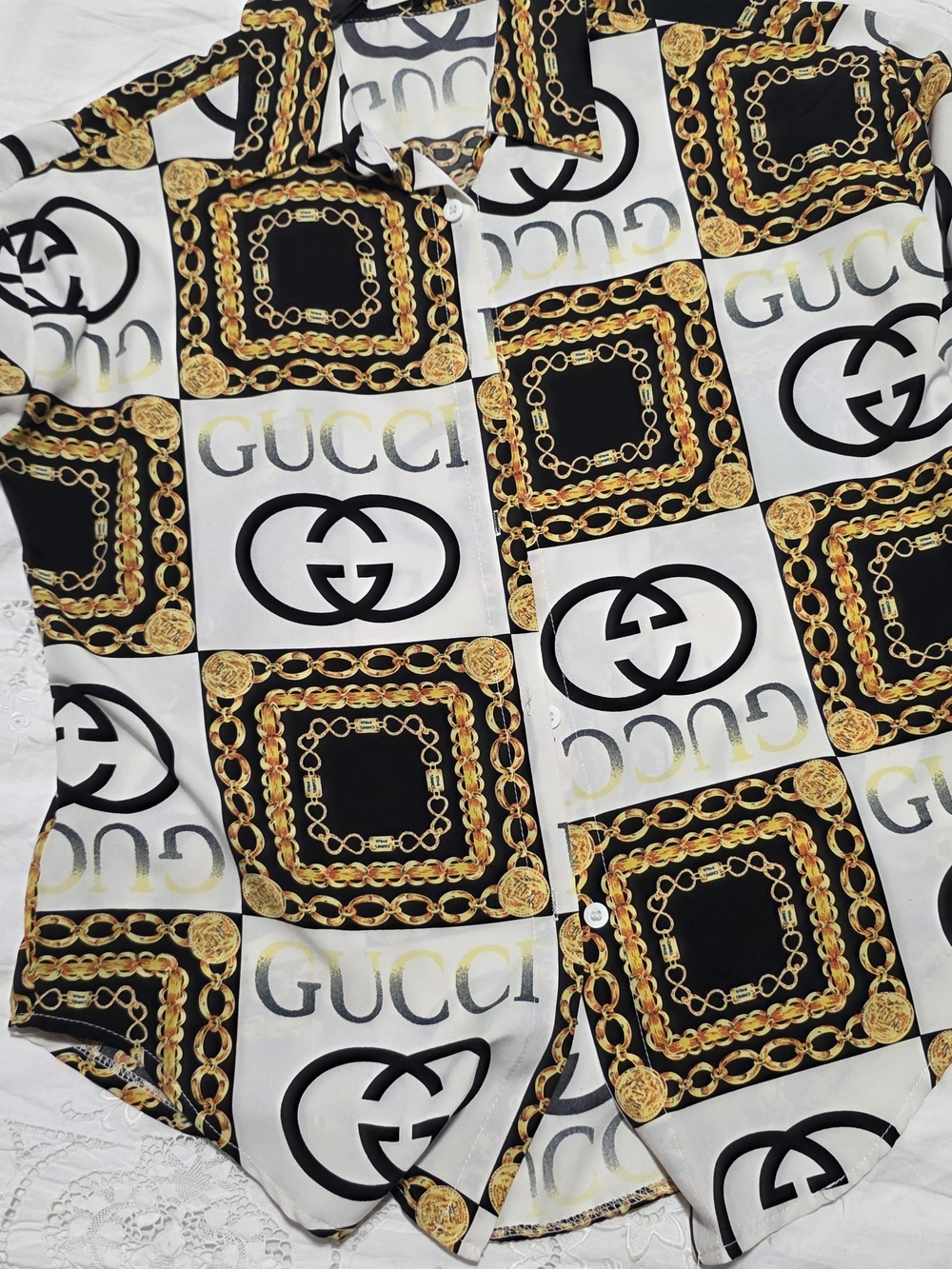 Gucci Black, White & Gold Chain-Print Button Down Shirt